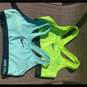 Neon Blue and Green sports bras
